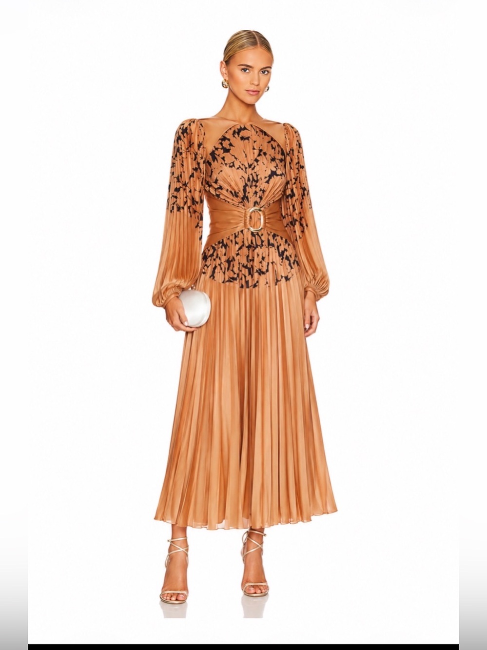 Pleated Tan Long-Sleeve Belted Midi Dress